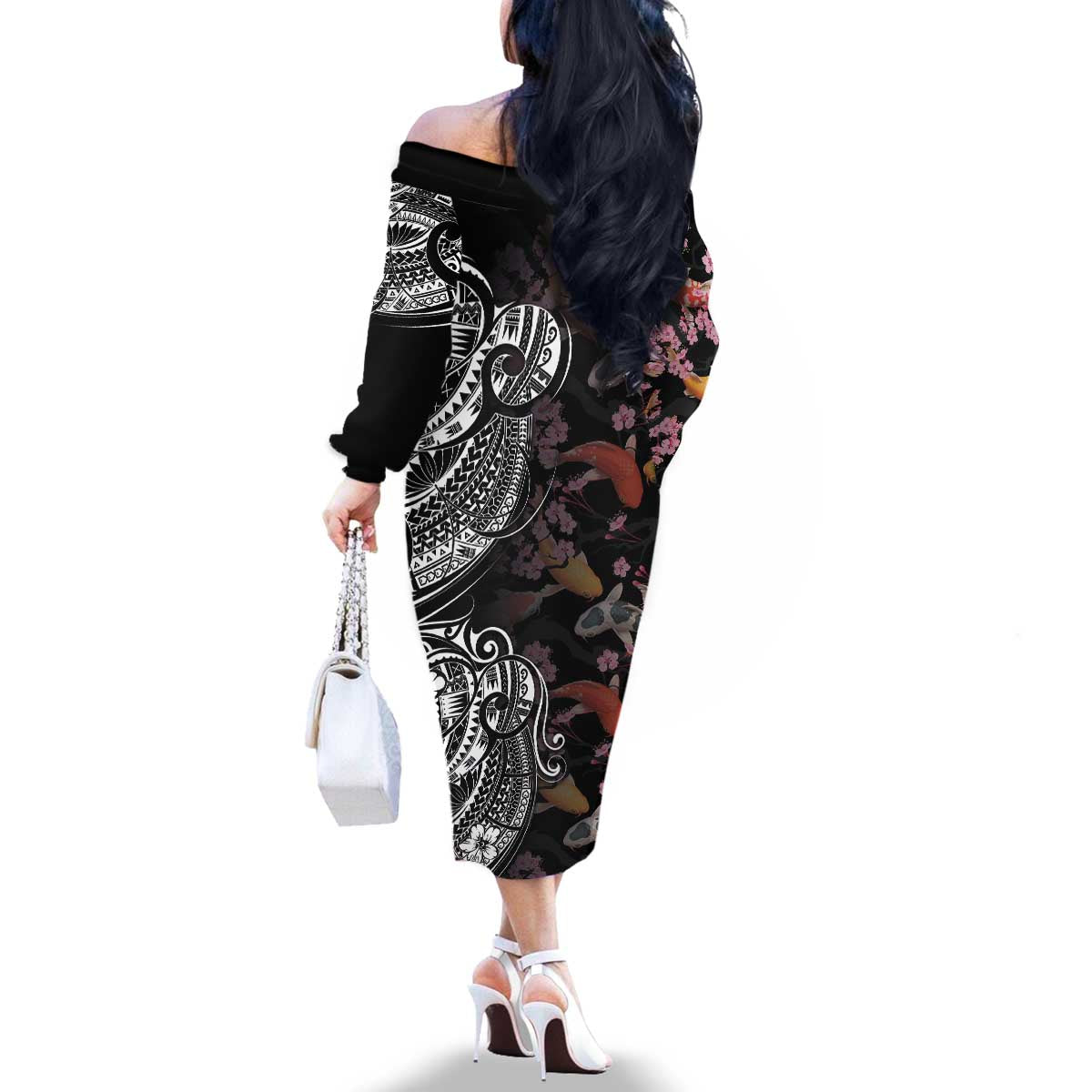 Hawaiian and Japanese Together Family Matching Off The Shoulder Long Sleeve Dress and Hawaiian Shirt Polynesian Triball Tattoo Koi Carps and Sakura LT03 - Polynesian Pride