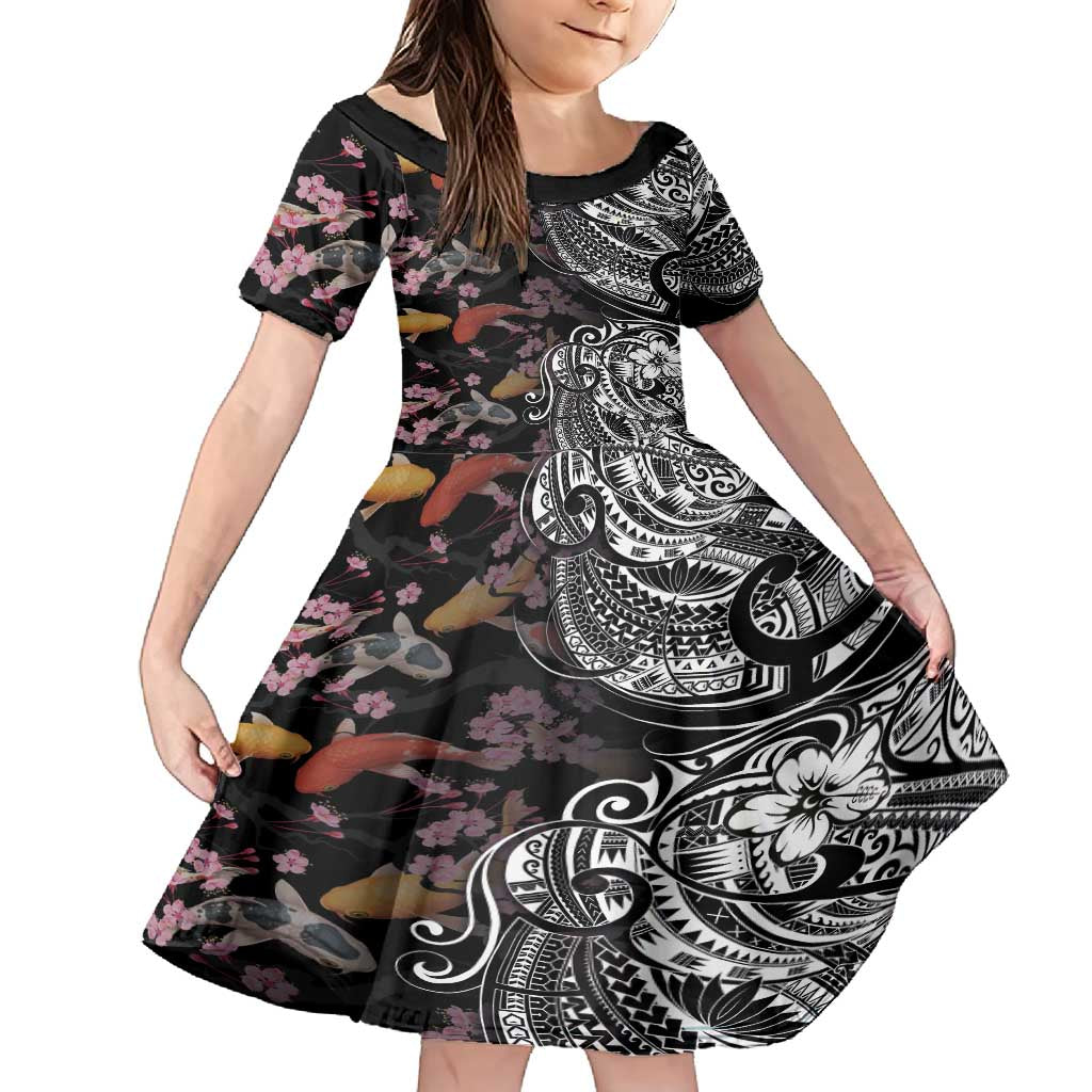 Hawaiian and Japanese Together Family Matching Off Shoulder Maxi Dress and Hawaiian Shirt Polynesian Triball Tattoo Koi Carps and Sakura LT03 Daughter's Dress Black - Polynesian Pride