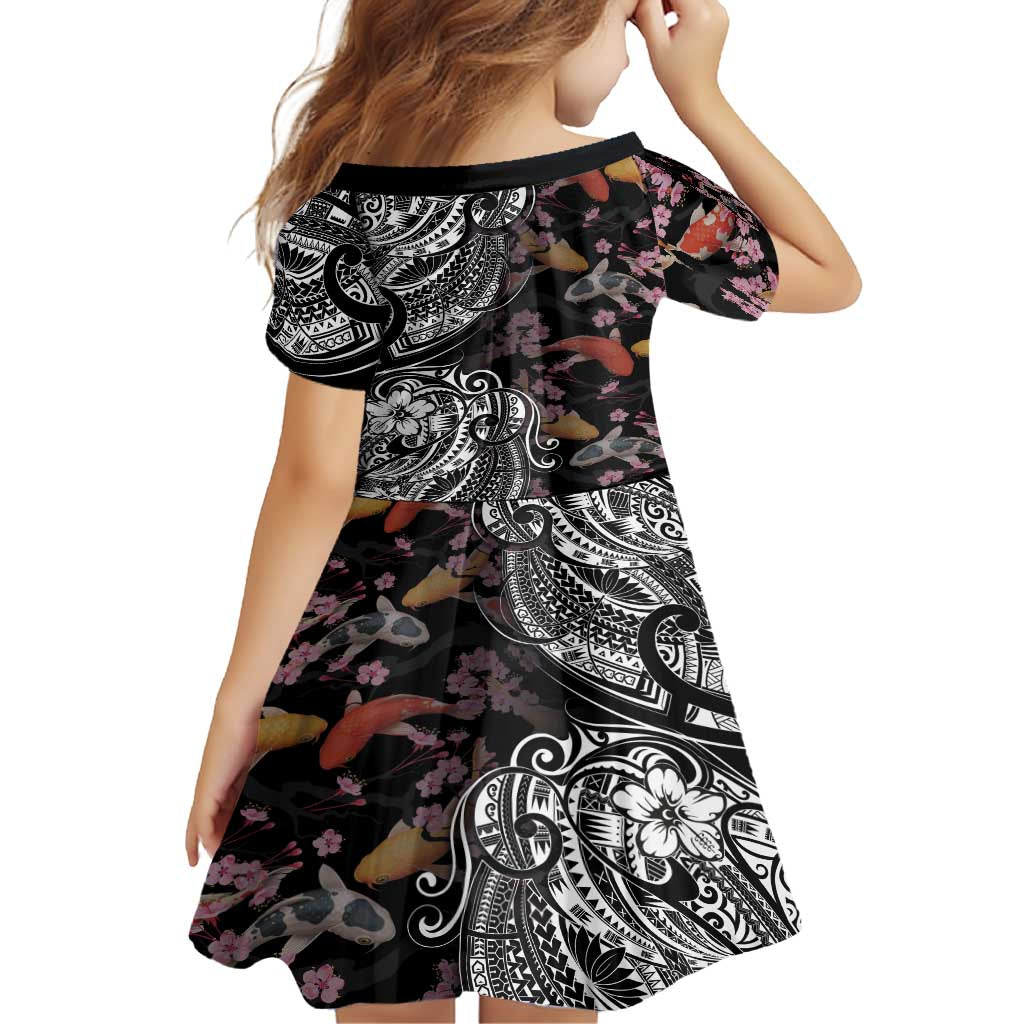 Hawaiian and Japanese Together Family Matching Off Shoulder Maxi Dress and Hawaiian Shirt Polynesian Triball Tattoo Koi Carps and Sakura LT03 - Polynesian Pride