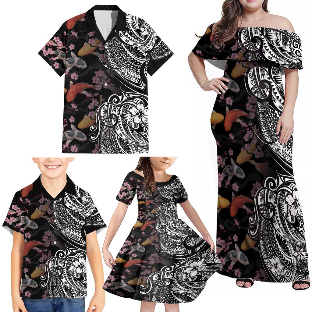 Hawaiian and Japanese Together Family Matching Off Shoulder Maxi Dress and Hawaiian Shirt Polynesian Triball Tattoo Koi Carps and Sakura LT03 - Polynesian Pride
