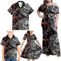 Hawaiian and Japanese Together Family Matching Off Shoulder Maxi Dress and Hawaiian Shirt Polynesian Triball Tattoo Koi Carps and Sakura LT03 - Polynesian Pride
