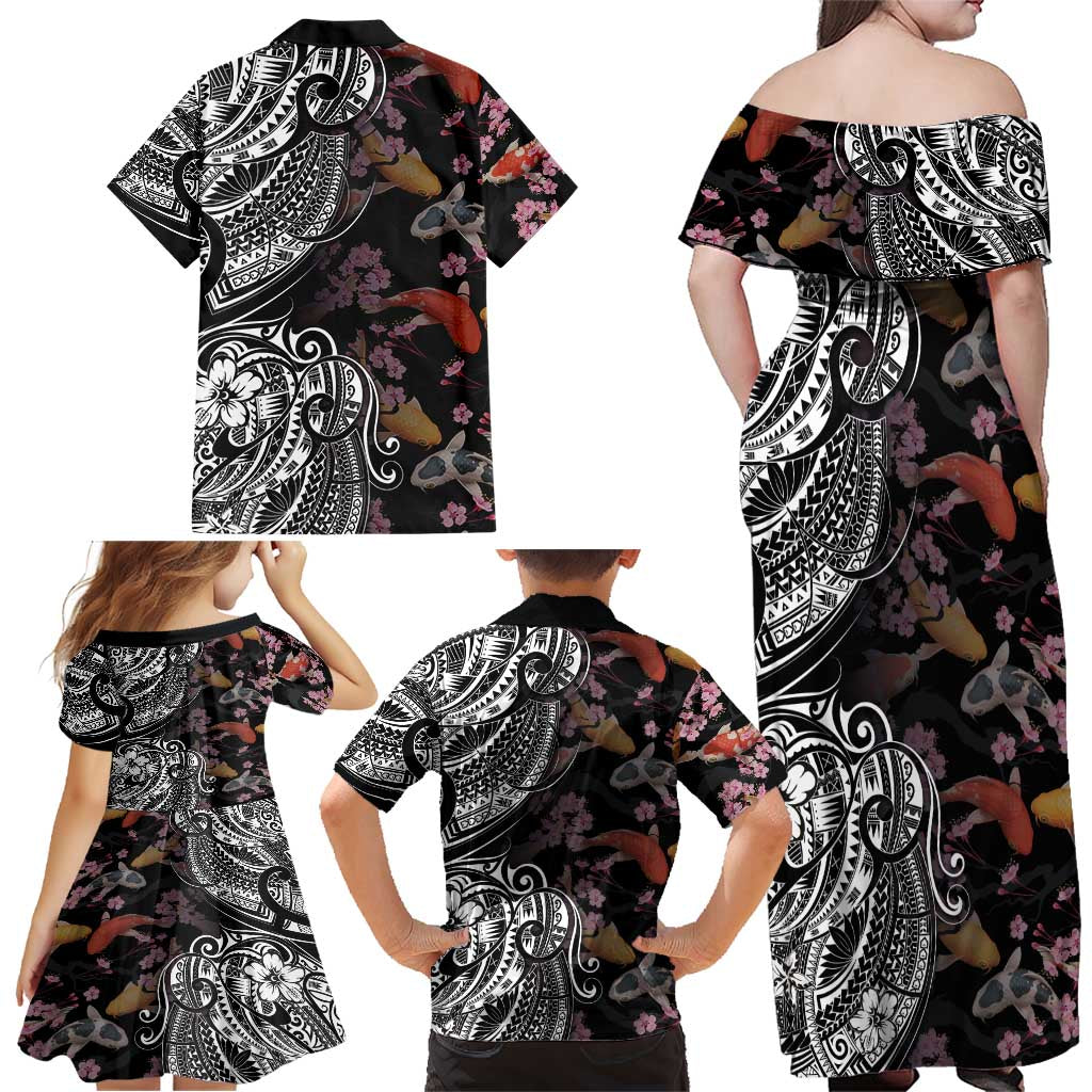 Hawaiian and Japanese Together Family Matching Off Shoulder Maxi Dress and Hawaiian Shirt Polynesian Triball Tattoo Koi Carps and Sakura LT03 - Polynesian Pride