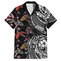 Hawaiian and Japanese Together Family Matching Off Shoulder Maxi Dress and Hawaiian Shirt Polynesian Triball Tattoo Koi Carps and Sakura LT03 Dad's Shirt - Short Sleeve Black - Polynesian Pride