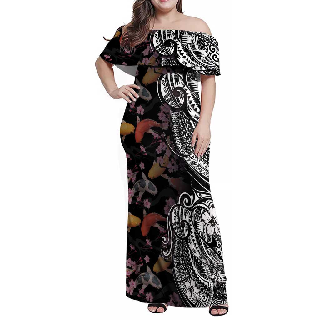 Hawaiian and Japanese Together Family Matching Off Shoulder Maxi Dress and Hawaiian Shirt Polynesian Triball Tattoo Koi Carps and Sakura LT03 Mom's Dress Black - Polynesian Pride
