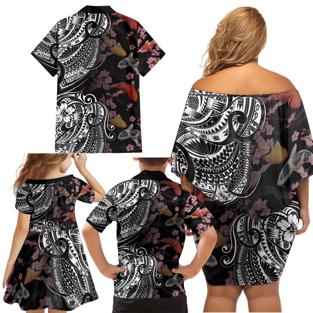 Hawaiian and Japanese Together Family Matching Off Shoulder Short Dress and Hawaiian Shirt Polynesian Triball Tattoo Koi Carps and Sakura LT03 - Polynesian Pride