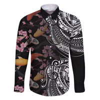 Hawaiian and Japanese Together Family Matching Off Shoulder Short Dress and Hawaiian Shirt Polynesian Triball Tattoo Koi Carps and Sakura LT03 Dad's Shirt - Long Sleeve Black - Polynesian Pride
