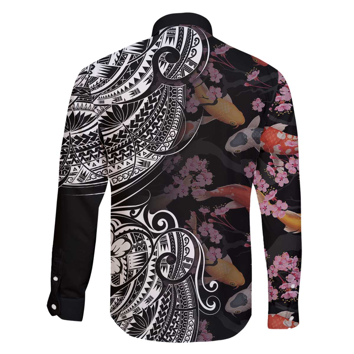 Hawaiian and Japanese Together Family Matching Off Shoulder Short Dress and Hawaiian Shirt Polynesian Triball Tattoo Koi Carps and Sakura LT03 - Polynesian Pride