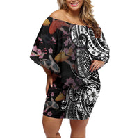 Hawaiian and Japanese Together Family Matching Off Shoulder Short Dress and Hawaiian Shirt Polynesian Triball Tattoo Koi Carps and Sakura LT03 Mom's Dress Black - Polynesian Pride