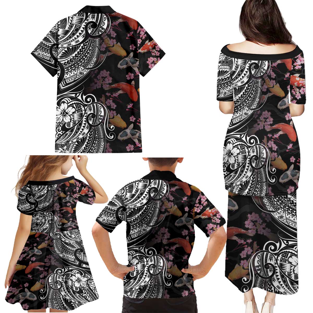 Hawaiian and Japanese Together Family Matching Puletasi and Hawaiian Shirt Polynesian Triball Tattoo Koi Carps and Sakura LT03 - Polynesian Pride