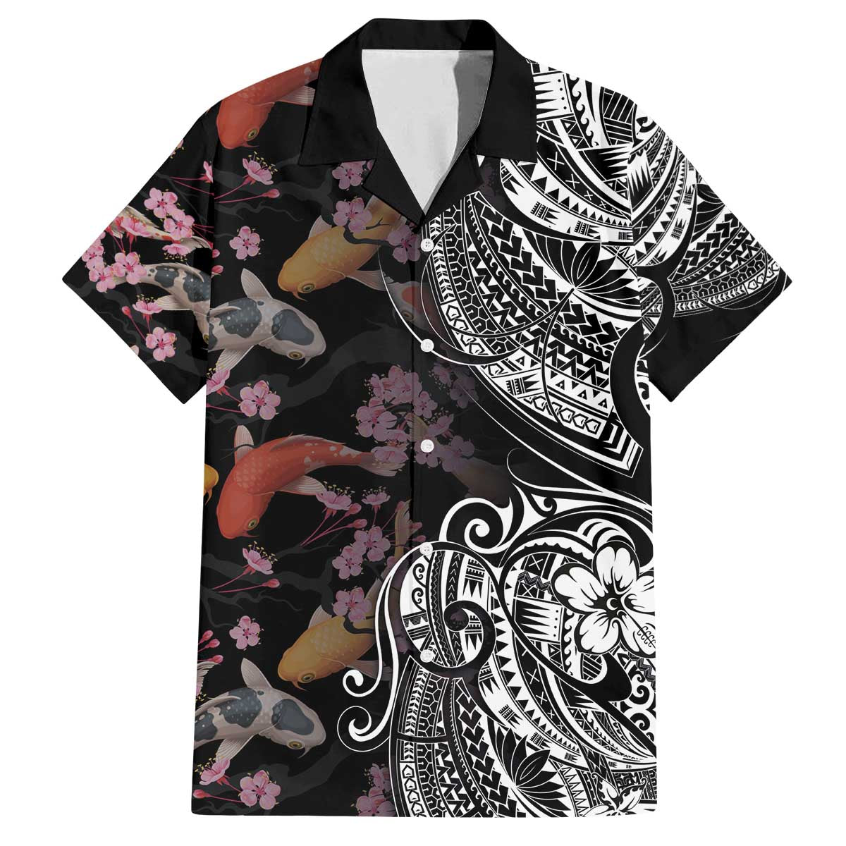 Hawaiian and Japanese Together Family Matching Puletasi and Hawaiian Shirt Polynesian Triball Tattoo Koi Carps and Sakura LT03 Dad's Shirt - Short Sleeve Black - Polynesian Pride