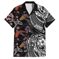 Hawaiian and Japanese Together Family Matching Puletasi and Hawaiian Shirt Polynesian Triball Tattoo Koi Carps and Sakura LT03 Dad's Shirt - Short Sleeve Black - Polynesian Pride