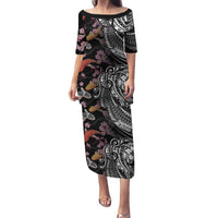 Hawaiian and Japanese Together Family Matching Puletasi and Hawaiian Shirt Polynesian Triball Tattoo Koi Carps and Sakura LT03 Mom's Dress Black - Polynesian Pride