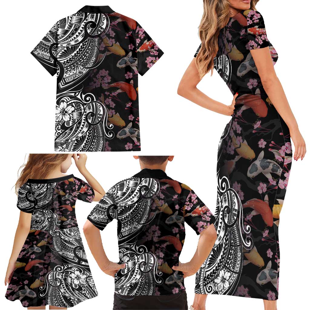 Hawaiian and Japanese Together Family Matching Short Sleeve Bodycon Dress and Hawaiian Shirt Polynesian Triball Tattoo Koi Carps and Sakura LT03 - Polynesian Pride