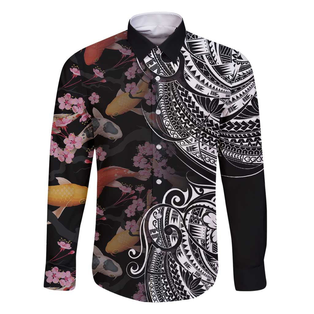 Hawaiian and Japanese Together Family Matching Short Sleeve Bodycon Dress and Hawaiian Shirt Polynesian Triball Tattoo Koi Carps and Sakura LT03 Dad's Shirt - Long Sleeve Black - Polynesian Pride