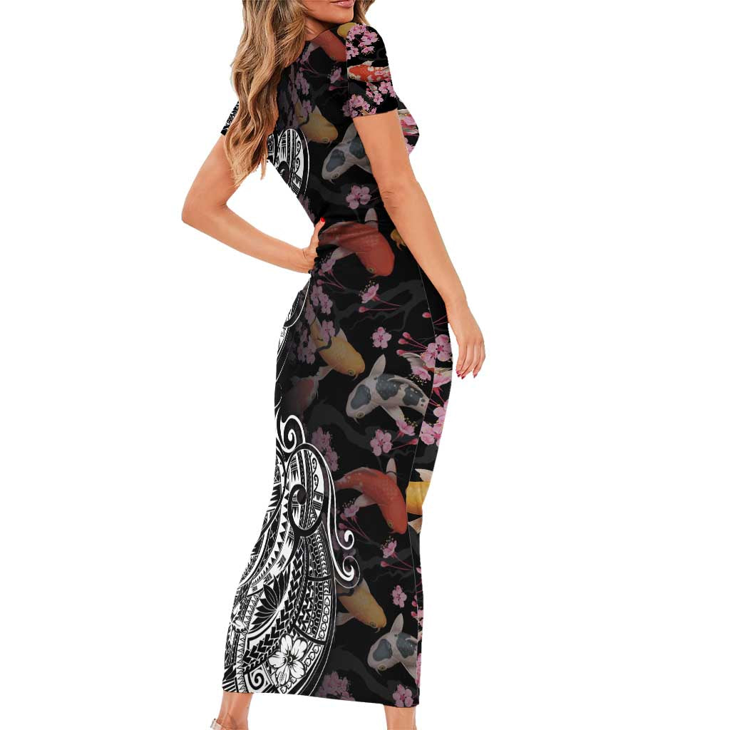 Hawaiian and Japanese Together Family Matching Short Sleeve Bodycon Dress and Hawaiian Shirt Polynesian Triball Tattoo Koi Carps and Sakura LT03 - Polynesian Pride
