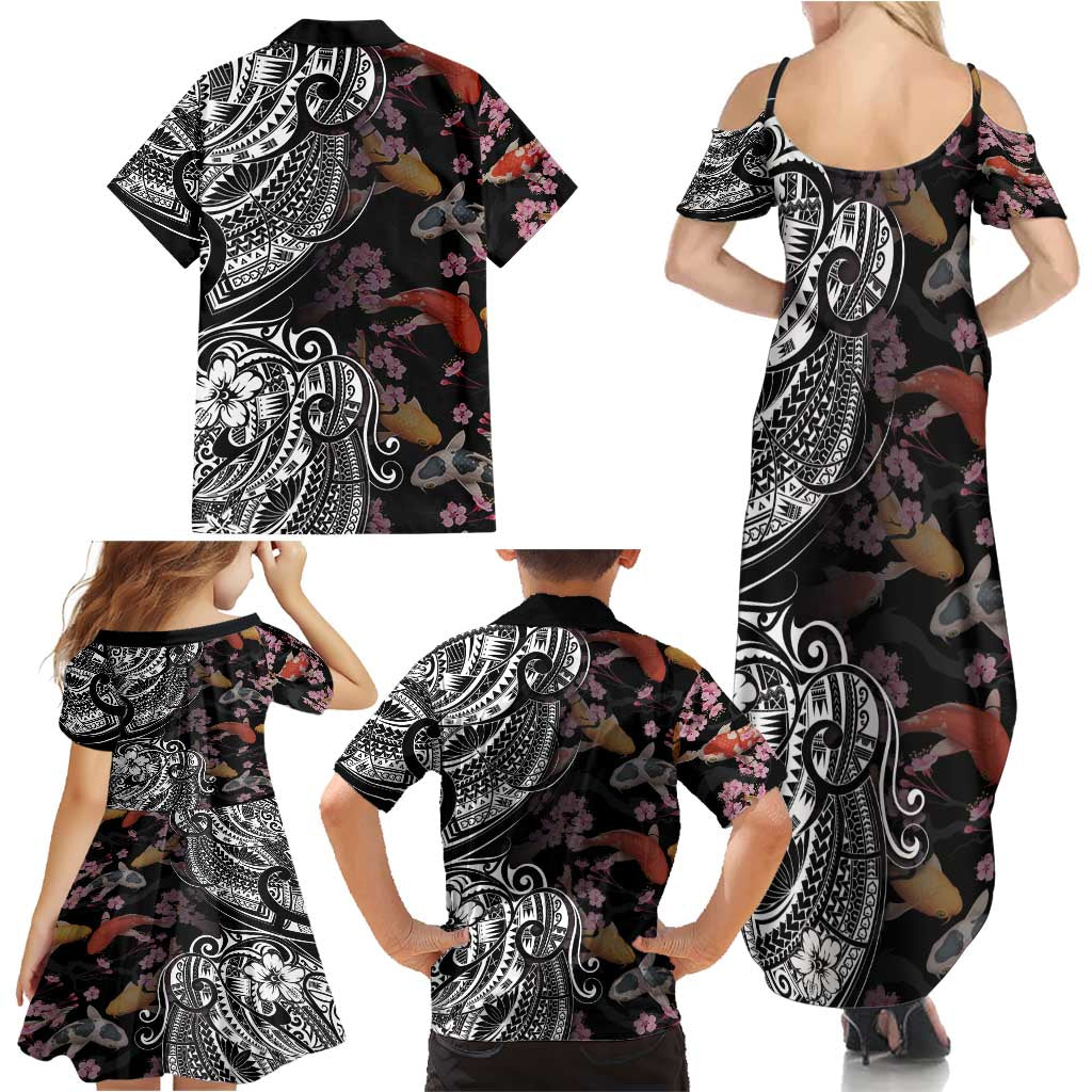 Hawaiian and Japanese Together Family Matching Summer Maxi Dress and Hawaiian Shirt Polynesian Triball Tattoo Koi Carps and Sakura LT03 - Polynesian Pride