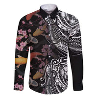 Hawaiian and Japanese Together Family Matching Summer Maxi Dress and Hawaiian Shirt Polynesian Triball Tattoo Koi Carps and Sakura LT03 Dad's Shirt - Long Sleeve Black - Polynesian Pride