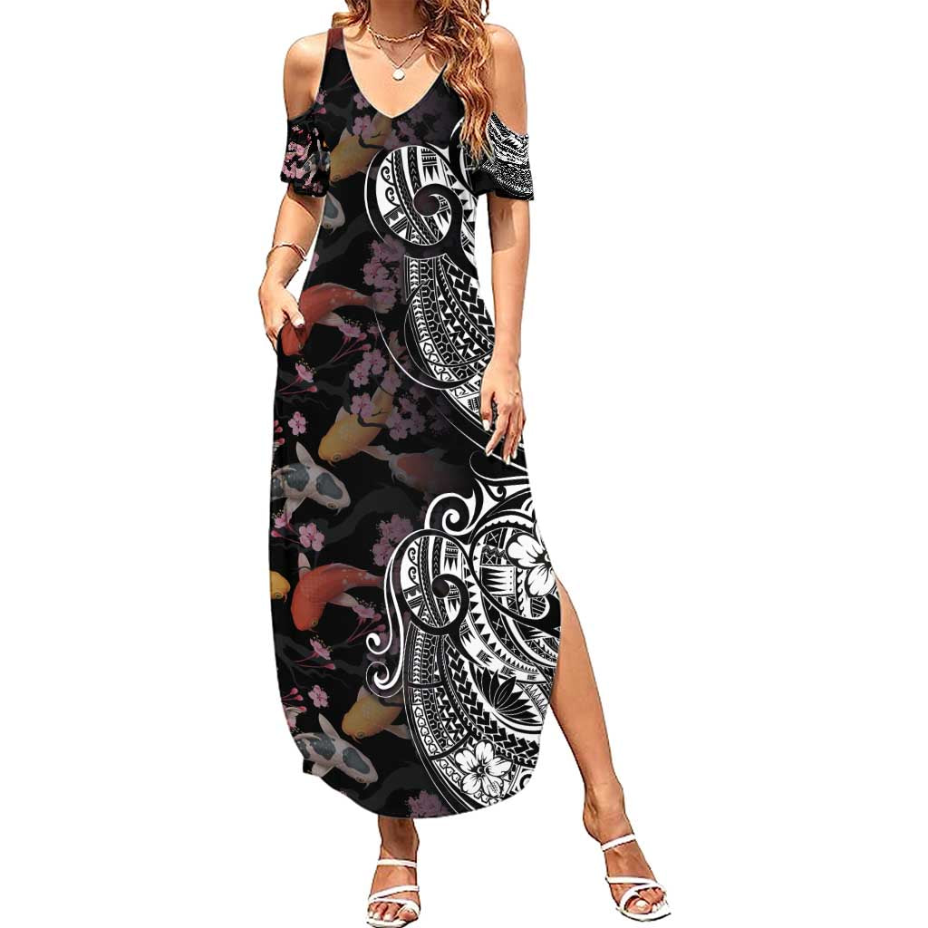 Hawaiian and Japanese Together Family Matching Summer Maxi Dress and Hawaiian Shirt Polynesian Triball Tattoo Koi Carps and Sakura LT03 Mom's Dress Black - Polynesian Pride