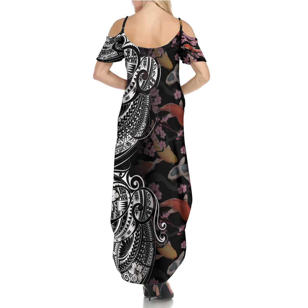 Hawaiian and Japanese Together Family Matching Summer Maxi Dress and Hawaiian Shirt Polynesian Triball Tattoo Koi Carps and Sakura LT03 - Polynesian Pride