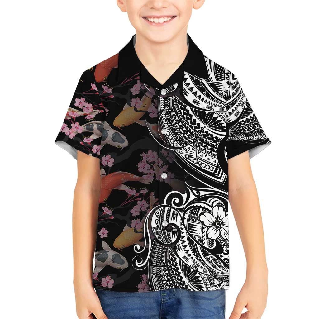 Hawaiian and Japanese Together Family Matching Summer Maxi Dress and Hawaiian Shirt Polynesian Triball Tattoo Koi Carps and Sakura LT03 Son's Shirt Black - Polynesian Pride
