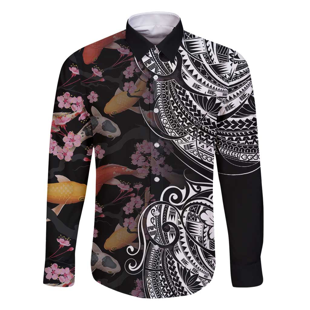 Hawaiian and Japanese Together Family Matching Tank Maxi Dress and Hawaiian Shirt Polynesian Triball Tattoo Koi Carps and Sakura LT03 Dad's Shirt - Long Sleeve Black - Polynesian Pride