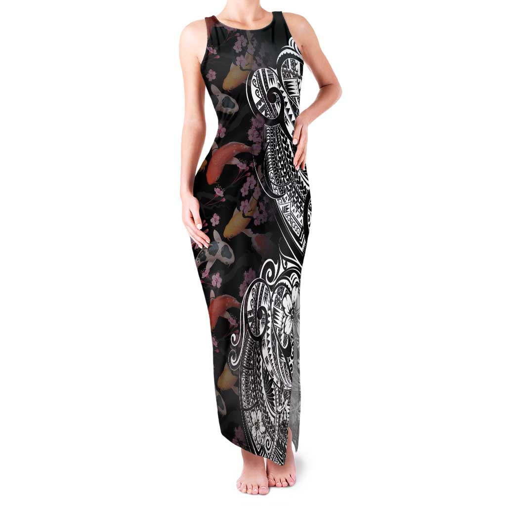 Hawaiian and Japanese Together Family Matching Tank Maxi Dress and Hawaiian Shirt Polynesian Triball Tattoo Koi Carps and Sakura LT03 Mom's Dress Black - Polynesian Pride