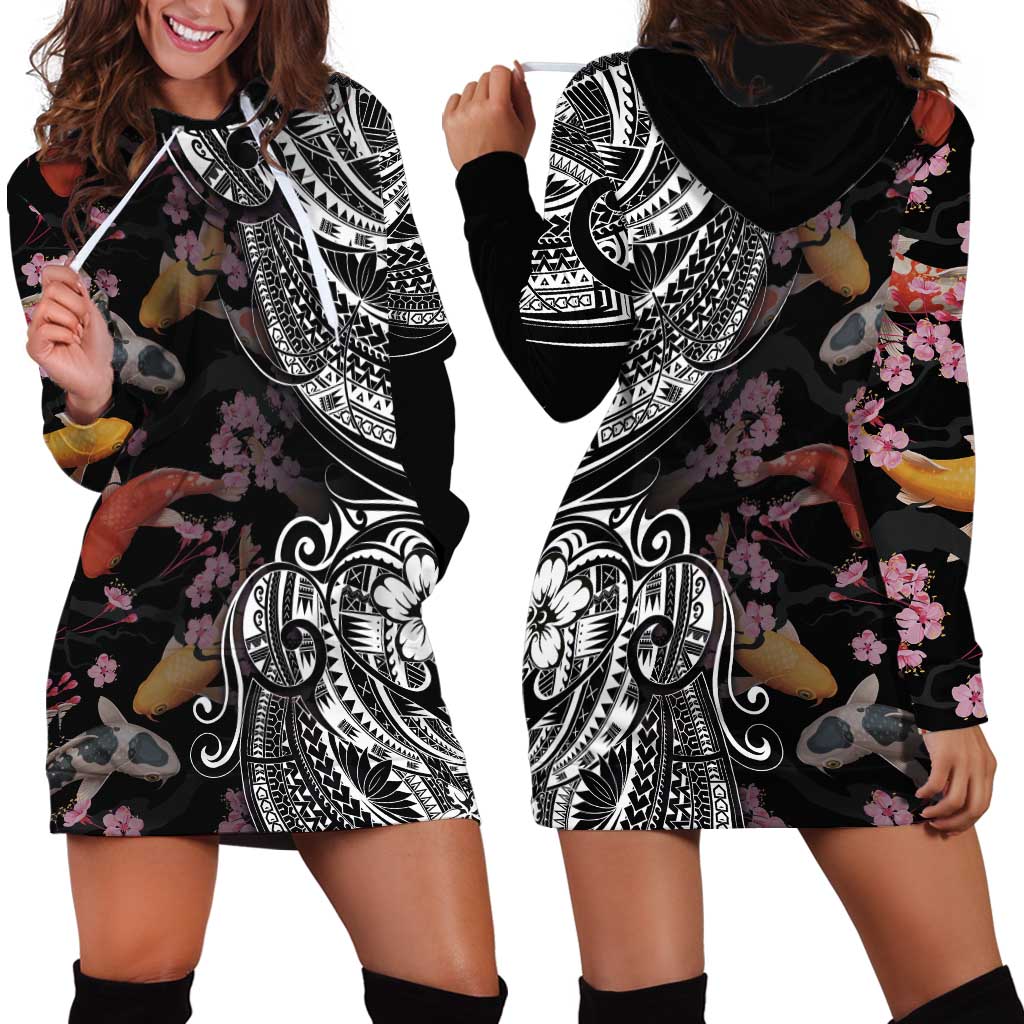Hawaiian and Japanese Together Hoodie Dress Polynesian Triball Tattoo Koi Carps and Sakura LT03 - Polynesian Pride