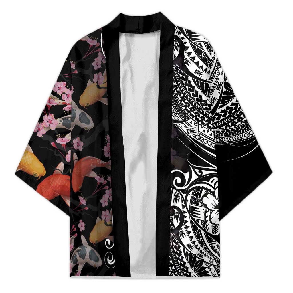 Hawaiian and Japanese Together Kimono Polynesian Triball Tattoo Koi Carps and Sakura LT03 Unisex Black - Polynesian Pride