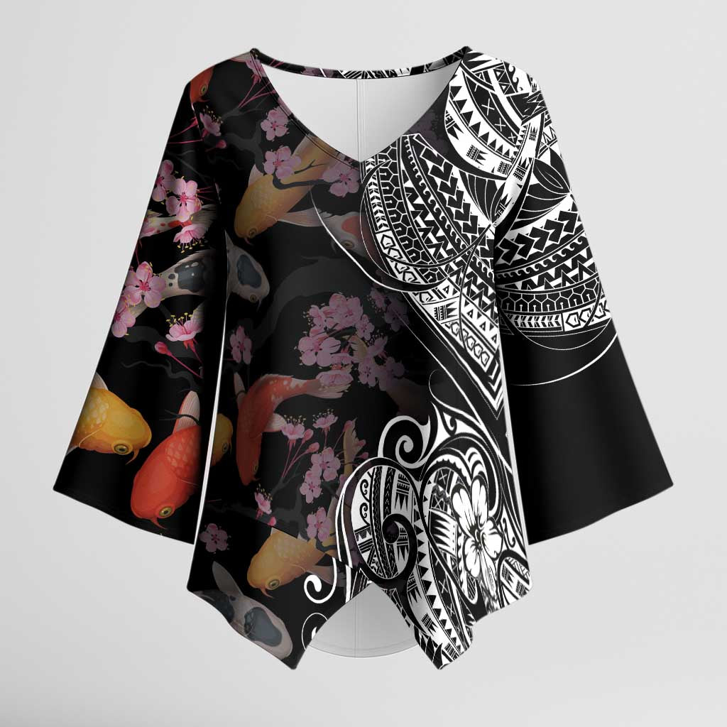 Hawaiian and Japanese Together Kimono Sleeve Blouse Polynesian Triball Tattoo Koi Carps and Sakura LT03 Female Black - Polynesian Pride