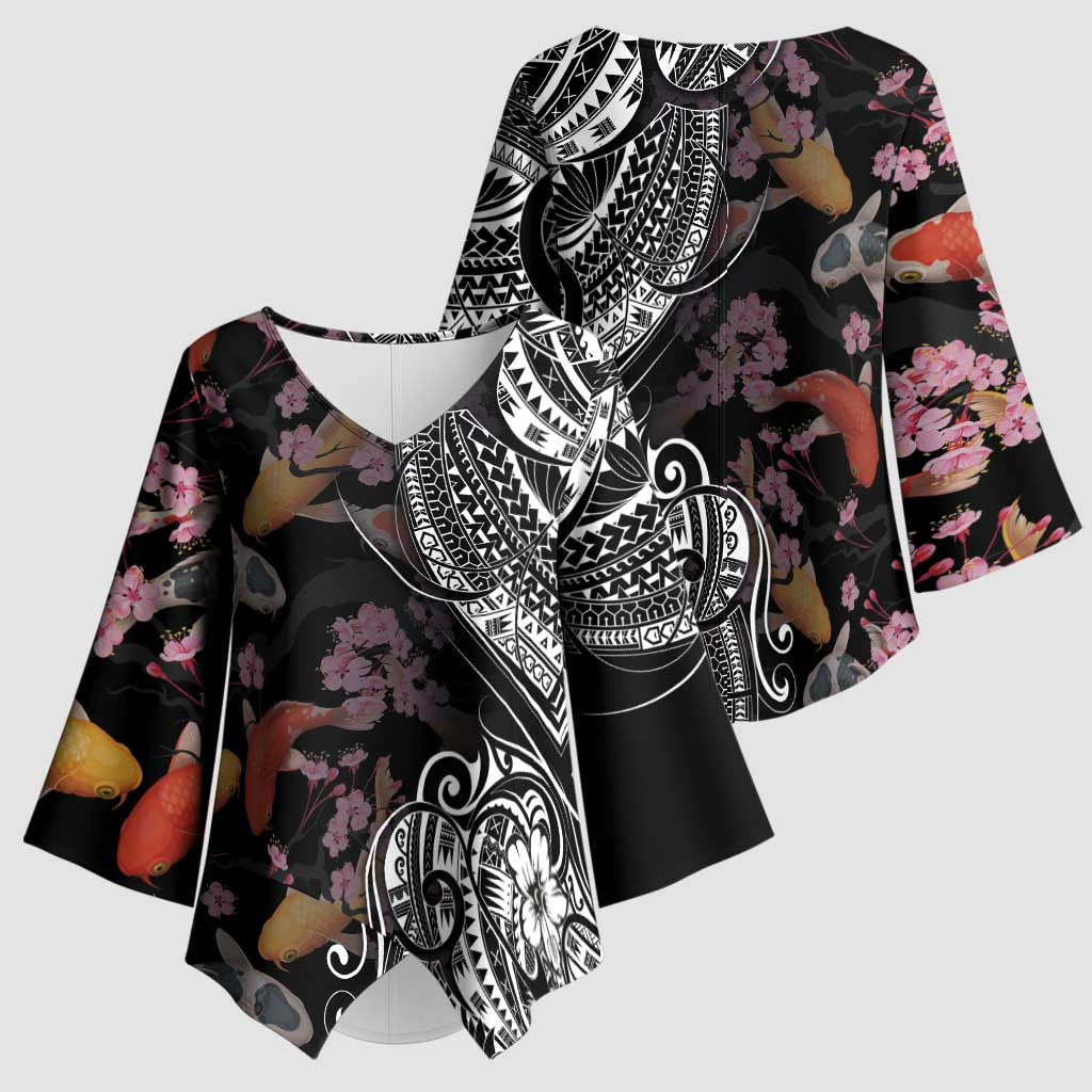 Hawaiian and Japanese Together Kimono Sleeve Blouse Polynesian Triball Tattoo Koi Carps and Sakura - Polynesian Pride