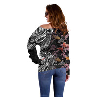 Hawaiian and Japanese Together Off Shoulder Sweater Polynesian Triball Tattoo Koi Carps and Sakura