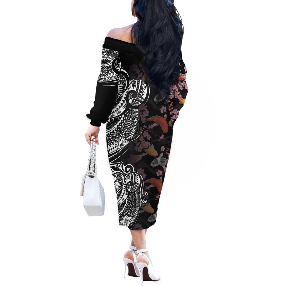 Hawaiian and Japanese Together Off The Shoulder Long Sleeve Dress Polynesian Triball Tattoo Koi Carps and Sakura LT03 - Polynesian Pride