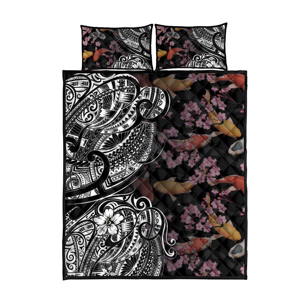 Hawaiian and Japanese Together Quilt Bed Set Polynesian Triball Tattoo Koi Carps and Sakura