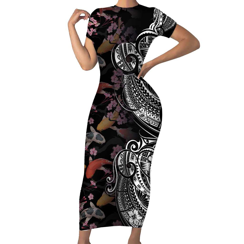 Hawaiian and Japanese Together Short Sleeve Bodycon Dress Polynesian Triball Tattoo Koi Carps and Sakura LT03 Long Dress Black - Polynesian Pride