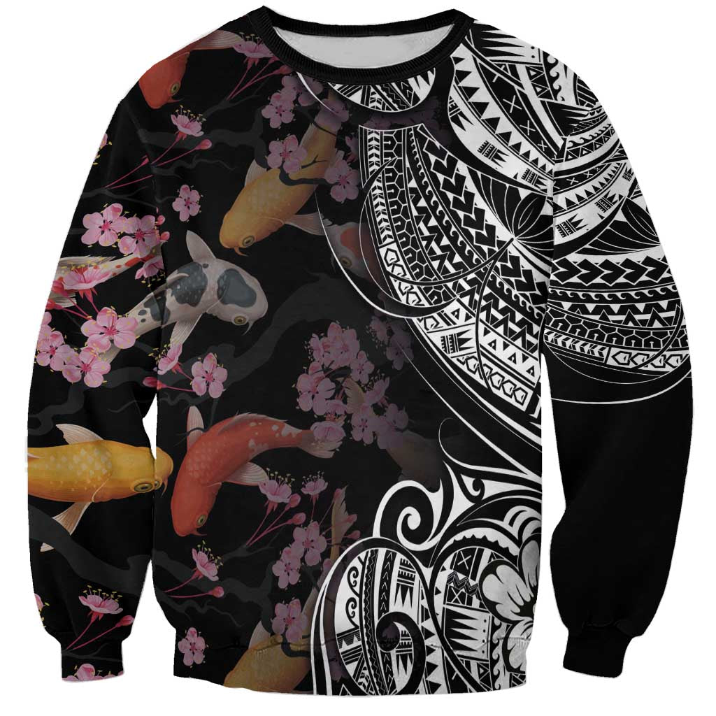 Hawaiian and Japanese Together Sweatshirt Polynesian Triball Tattoo Koi Carps and Sakura LT03 Unisex Black - Polynesian Pride