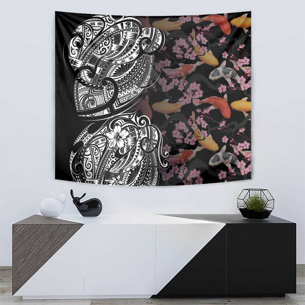 Hawaiian and Japanese Together Tapestry Polynesian Triball Tattoo Koi Carps and Sakura