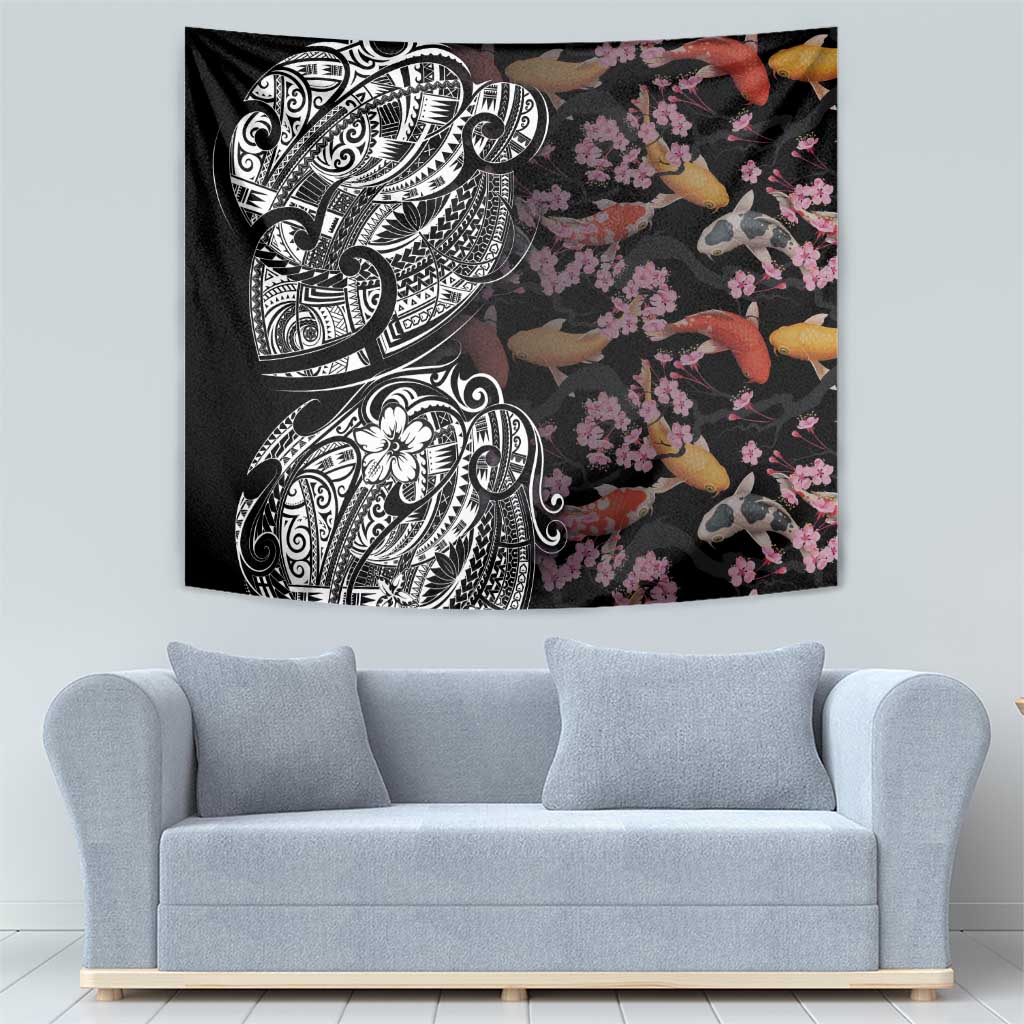 Hawaiian and Japanese Together Tapestry Polynesian Triball Tattoo Koi Carps and Sakura