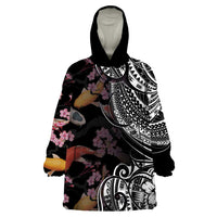 Hawaiian and Japanese Together Wearable Blanket Hoodie Polynesian Triball Tattoo Koi Carps and Sakura LT03 One Size Black - Polynesian Pride