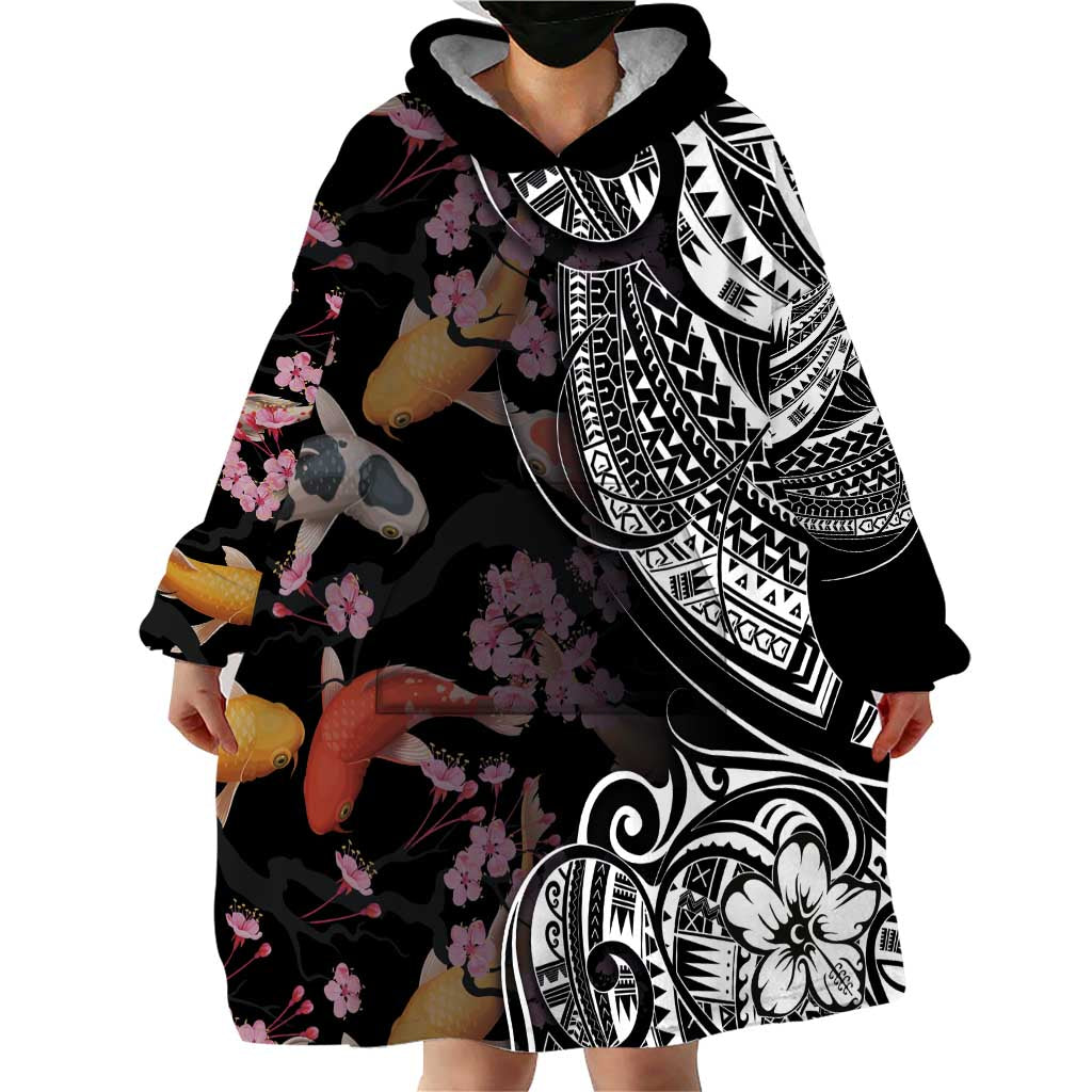 Hawaiian and Japanese Together Wearable Blanket Hoodie Polynesian Triball Tattoo Koi Carps and Sakura LT03 - Polynesian Pride