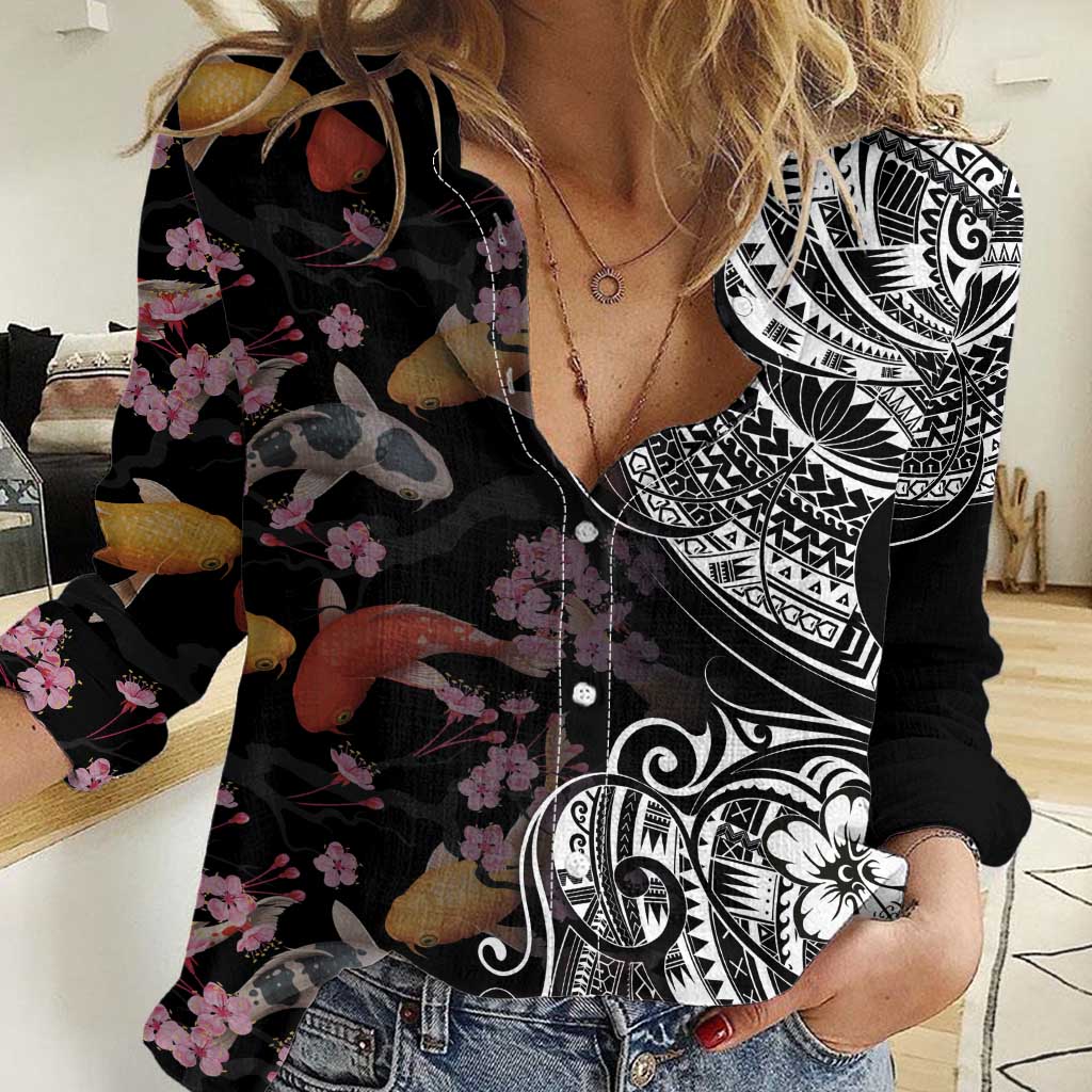 Hawaiian and Japanese Together Women Casual Shirt Polynesian Triball Tattoo Koi Carps and Sakura LT03 Female Black - Polynesian Pride