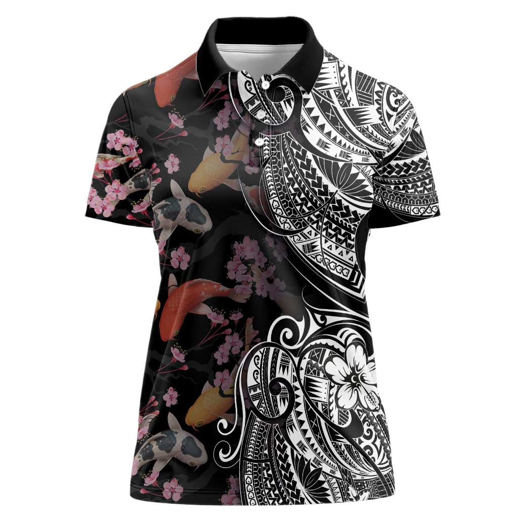 Hawaiian and Japanese Together Women Polo Shirt Polynesian Triball Tattoo Koi Carps and Sakura LT03 Female Black - Polynesian Pride
