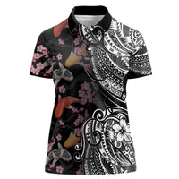 Hawaiian and Japanese Together Women Polo Shirt Polynesian Triball Tattoo Koi Carps and Sakura LT03 Female Black - Polynesian Pride