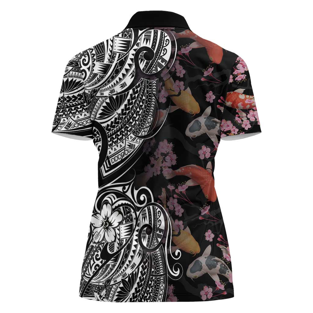 Hawaiian and Japanese Together Women Polo Shirt Polynesian Triball Tattoo Koi Carps and Sakura LT03 - Polynesian Pride