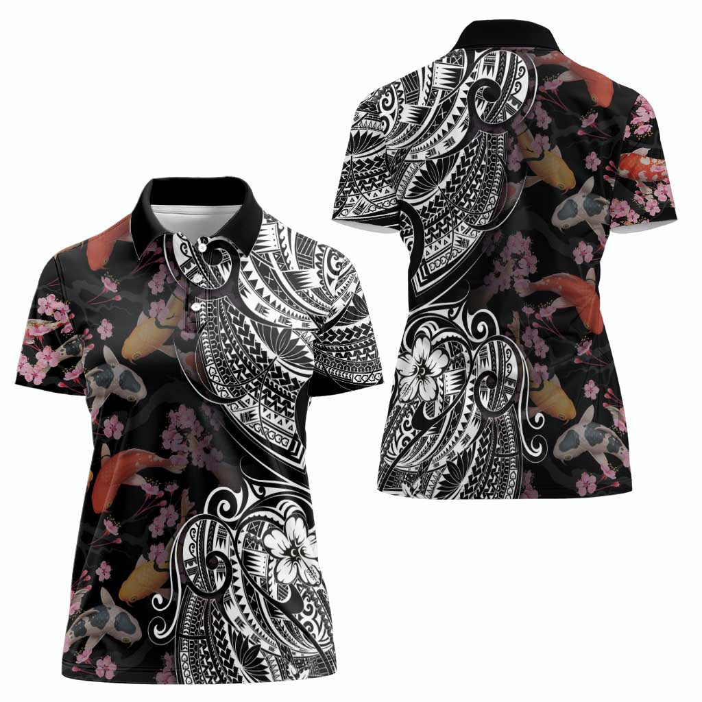 Hawaiian and Japanese Together Women Polo Shirt Polynesian Triball Tattoo Koi Carps and Sakura LT03 - Polynesian Pride