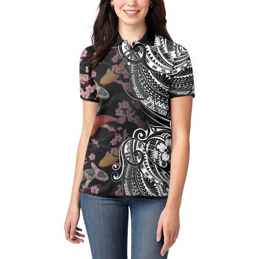 Hawaiian and Japanese Together Women Polo Shirt Polynesian Triball Tattoo Koi Carps and Sakura LT03 - Polynesian Pride