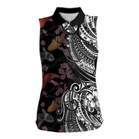 Hawaiian and Japanese Together Women Sleeveless Polo Shirt Polynesian Triball Tattoo Koi Carps and Sakura LT03 Female Black - Polynesian Pride