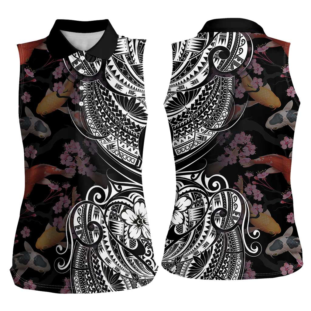 Hawaiian and Japanese Together Women Sleeveless Polo Shirt Polynesian Triball Tattoo Koi Carps and Sakura LT03 - Polynesian Pride