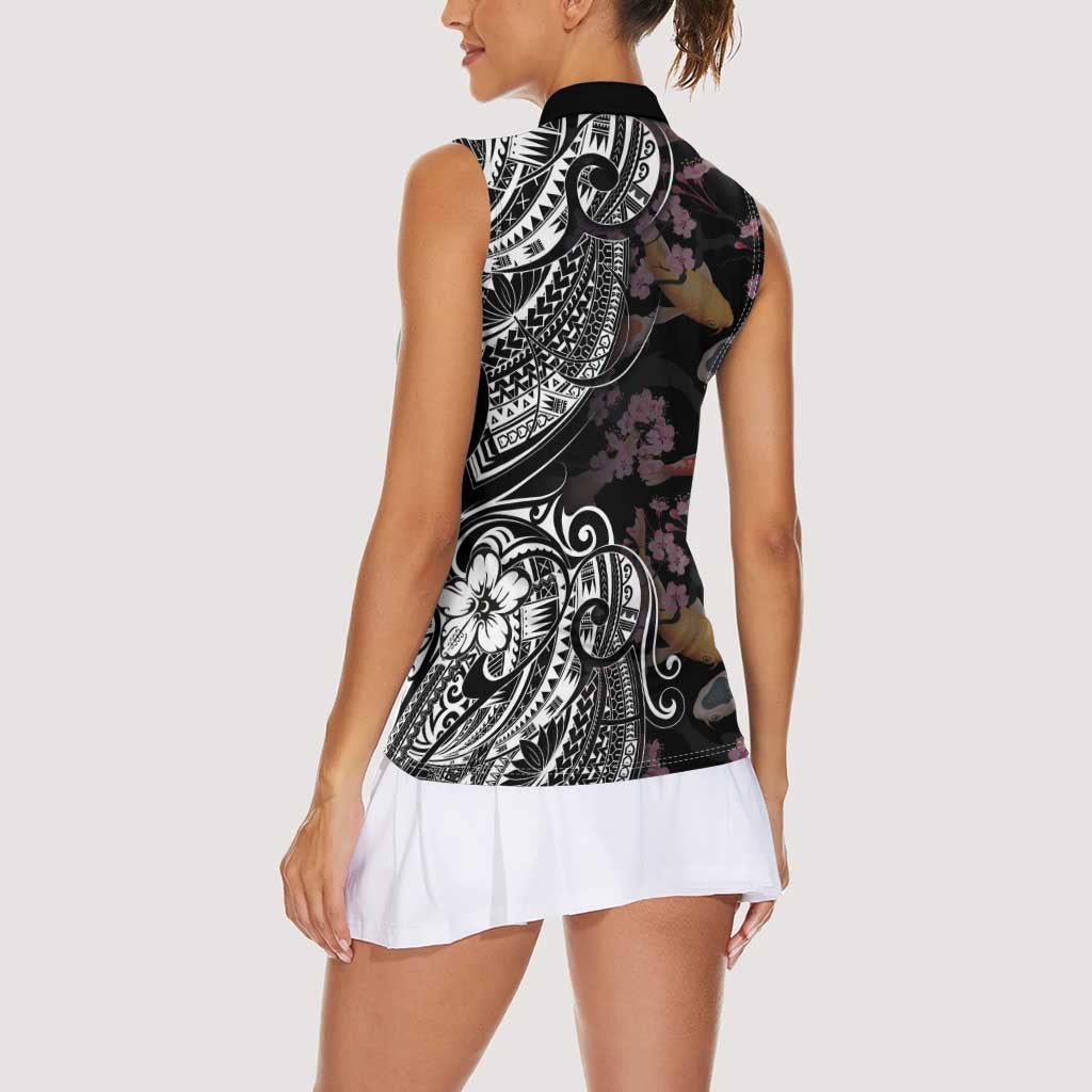 Hawaiian and Japanese Together Women Sleeveless Polo Shirt Polynesian Triball Tattoo Koi Carps and Sakura LT03 - Polynesian Pride