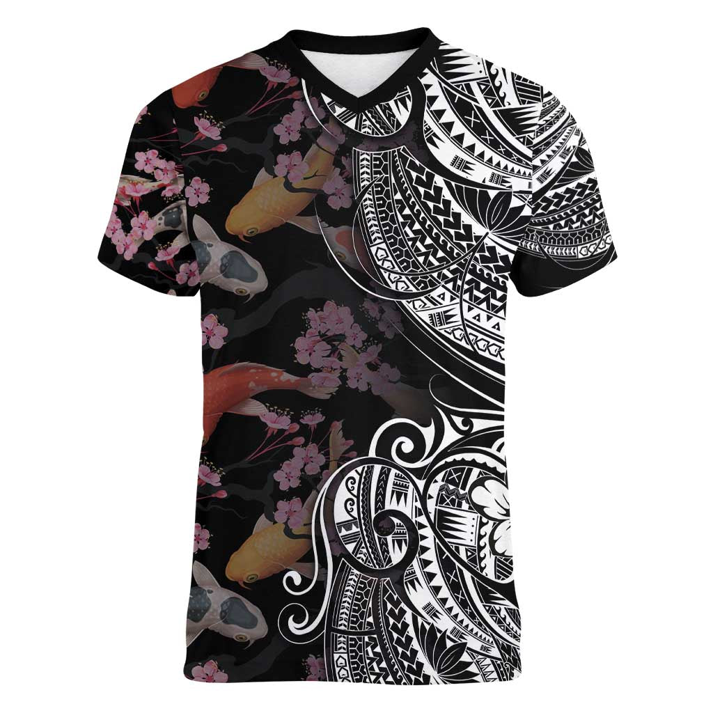 Hawaiian and Japanese Together Women V-Neck T-Shirt Polynesian Triball Tattoo Koi Carps and Sakura