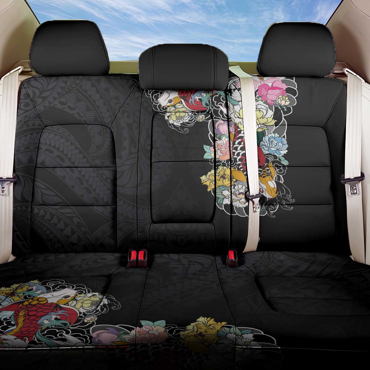 Hawaiian and Japanese Together Back Car Seat Cover Colorful Traditional Japanese Tattoo and Kakau Pattern Black Color LT03 One Size Black - Polynesian Pride